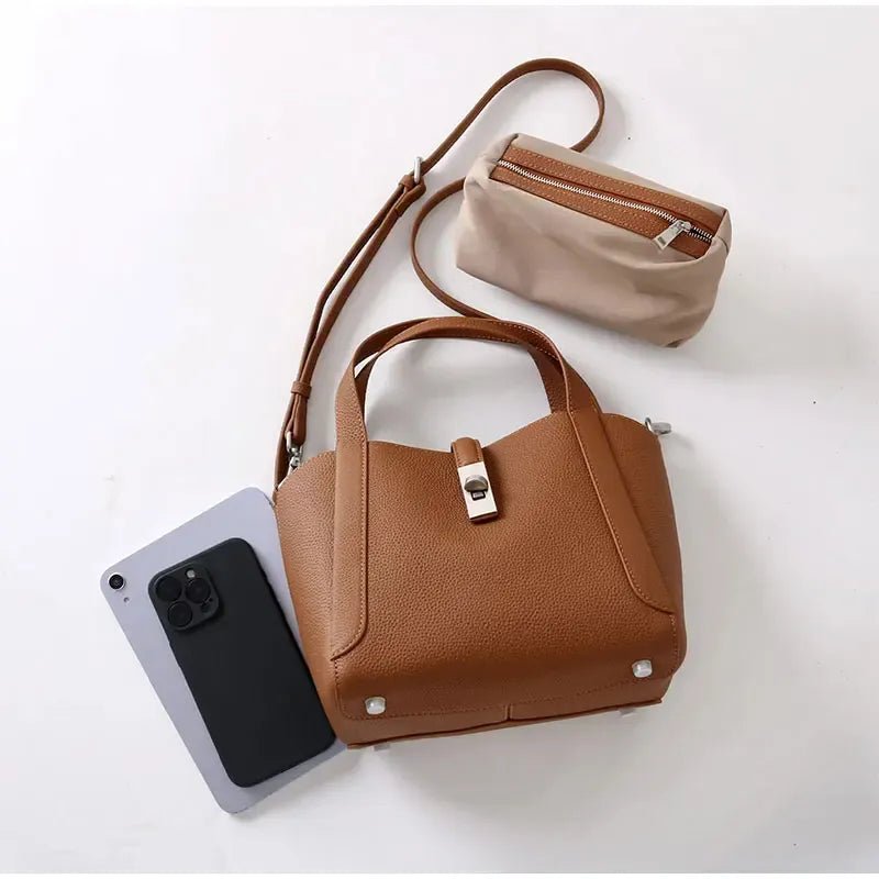 Brand Genuine Leather Basket Bag Women Luxury Fashion Simple Texture Tote Bag New Versatile High - end Shoulder Bag Messenger Bag - SN Wigs & More