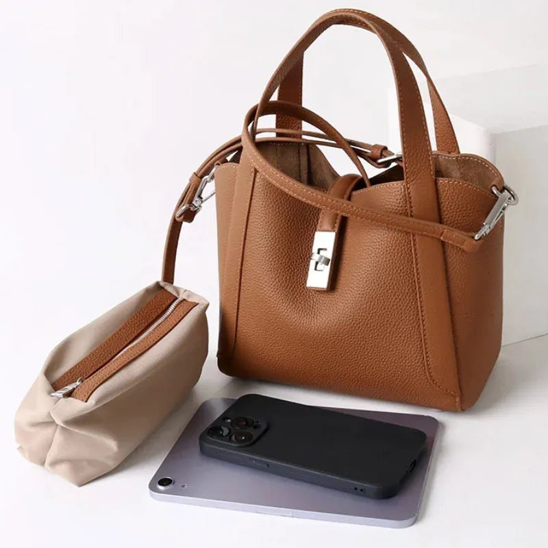 Brand Genuine Leather Basket Bag Women Luxury Fashion Simple Texture Tote Bag New Versatile High - end Shoulder Bag Messenger Bag - SN Wigs & More