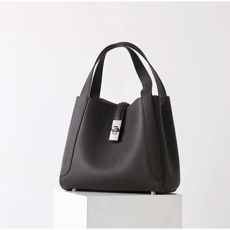 Brand Genuine Leather Basket Bag Women Luxury Fashion Simple Texture Tote Bag New Versatile High - end Shoulder Bag Messenger Bag - SN Wigs & More