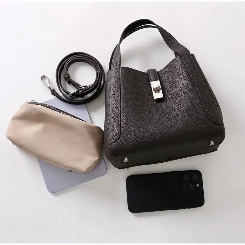Brand Genuine Leather Basket Bag Women Luxury Fashion Simple Texture Tote Bag New Versatile High - end Shoulder Bag Messenger Bag - SN Wigs & More