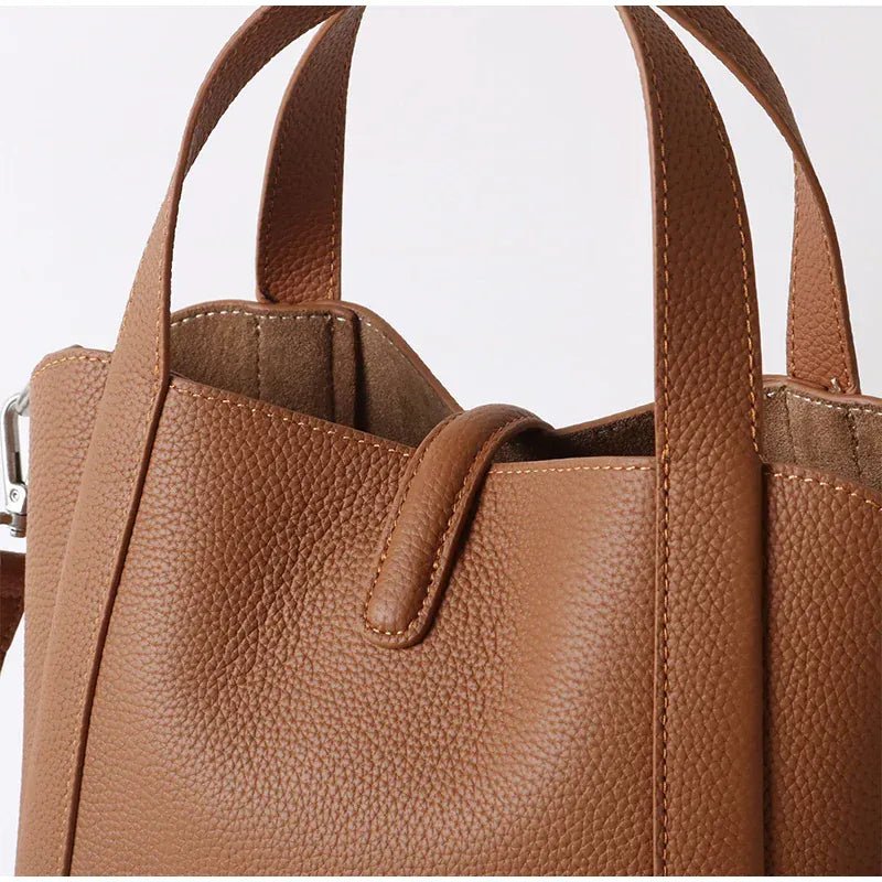 Brand Genuine Leather Basket Bag Women Luxury Fashion Simple Texture Tote Bag New Versatile High - end Shoulder Bag Messenger Bag - SN Wigs & More