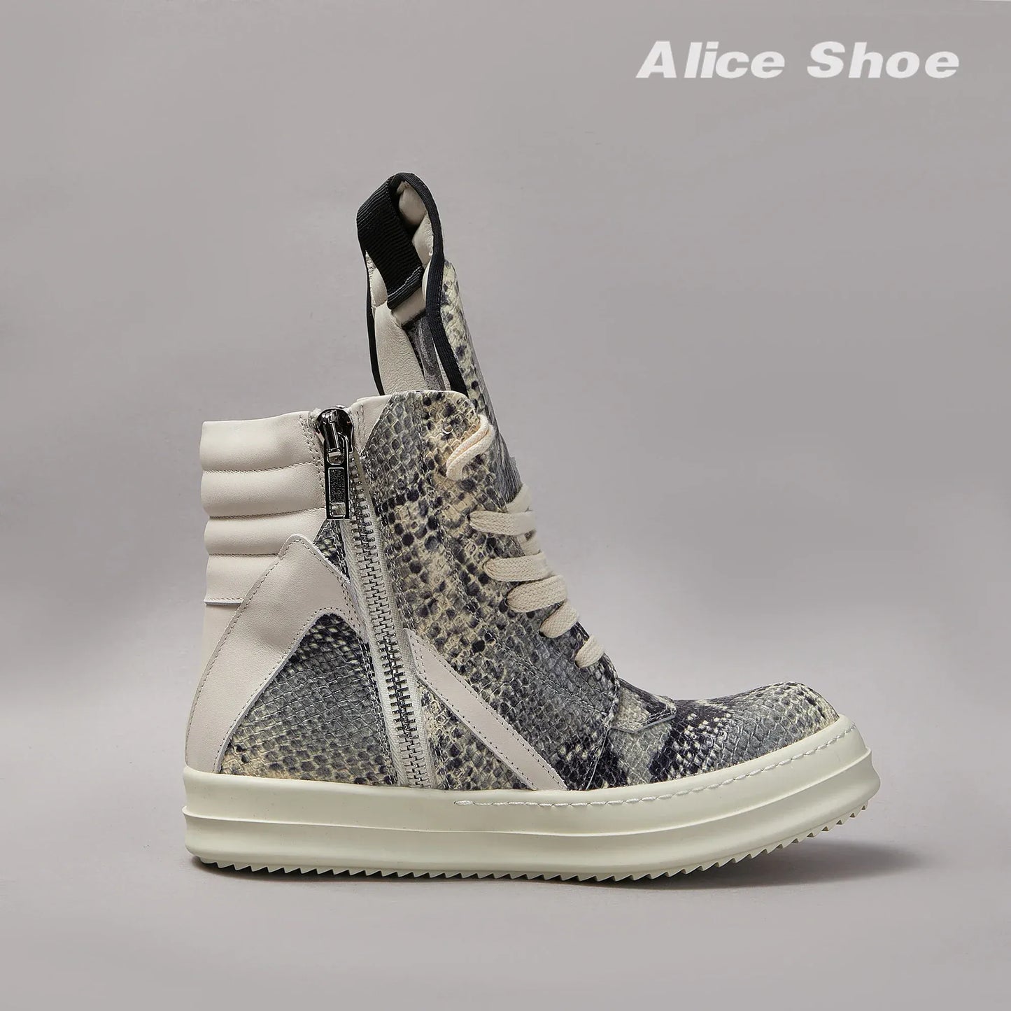 Brand Men Ankle Boot Casual Leather High Top Women Sneaker Python-Embossed Flat Luxury Trainer Designer Platform Grey Flat Shoe