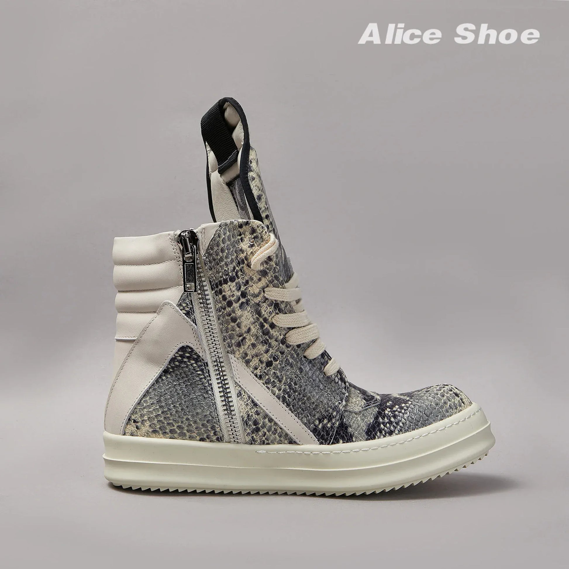 Brand Men Ankle Boot Casual Leather High Top Women Sneaker Python-Embossed Flat Luxury Trainer Designer Platform Grey Flat Shoe