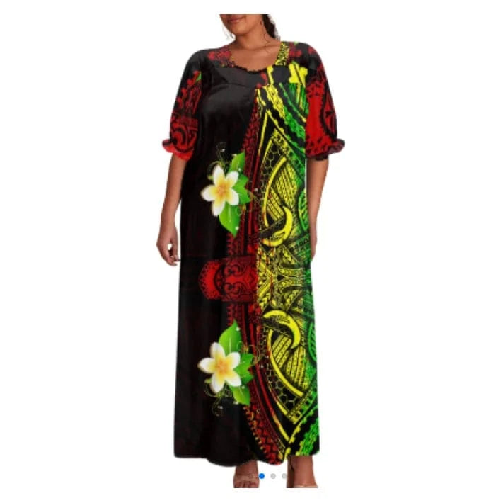 brand new 2024 summer beach isalnd casual tribal dress custom design polynesian puff sleeve large size straight long mumu dress