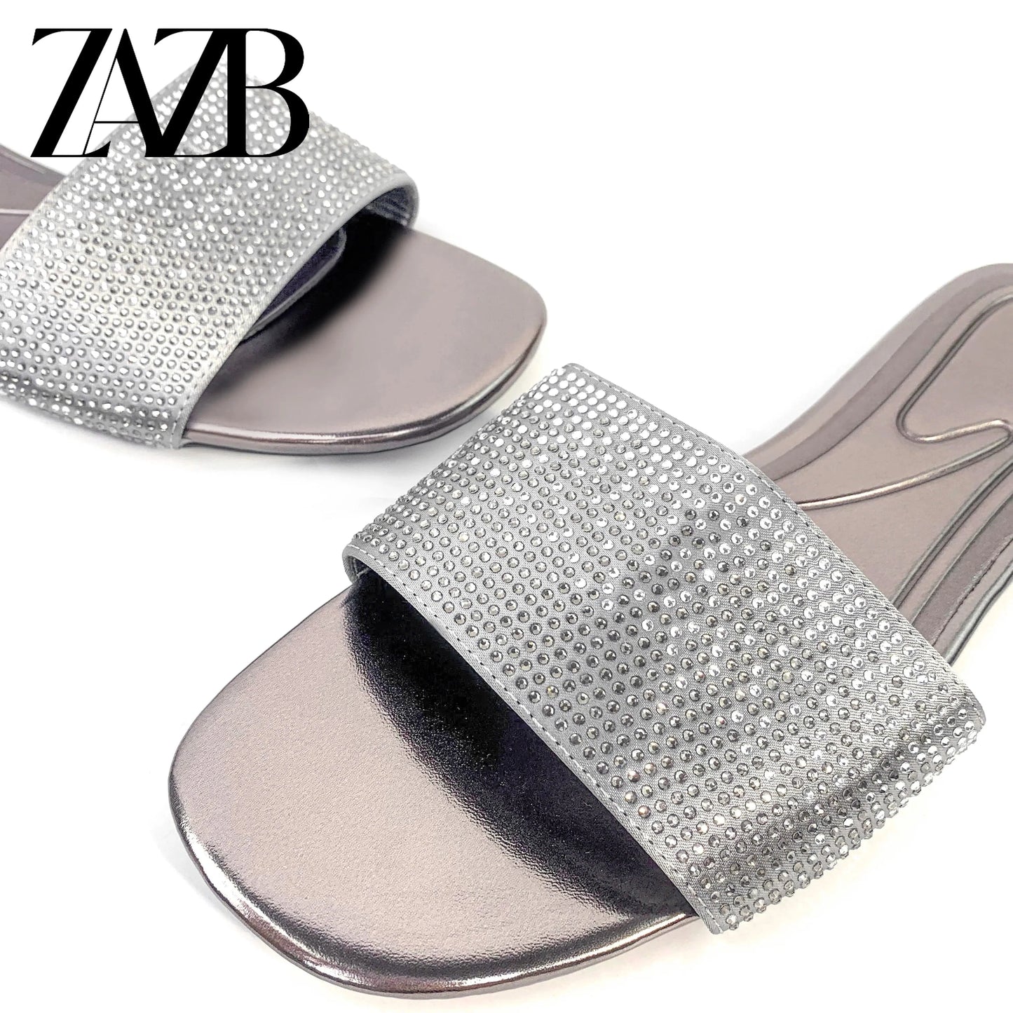 Brand new design summer shining diamond women flat slippers open toe square head hollow ladies sandals