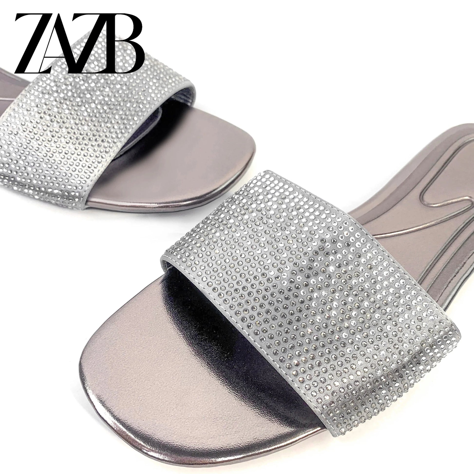 Brand new design summer shining diamond women flat slippers open toe square head hollow ladies sandals