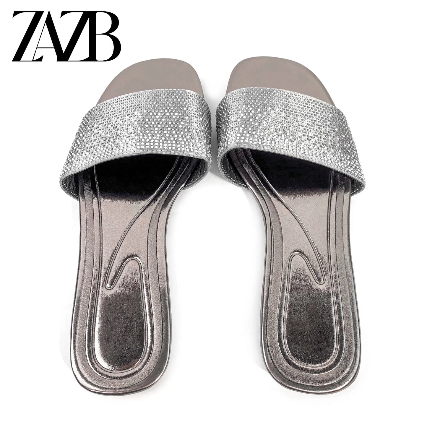 Brand new design summer shining diamond women flat slippers open toe square head hollow ladies sandals