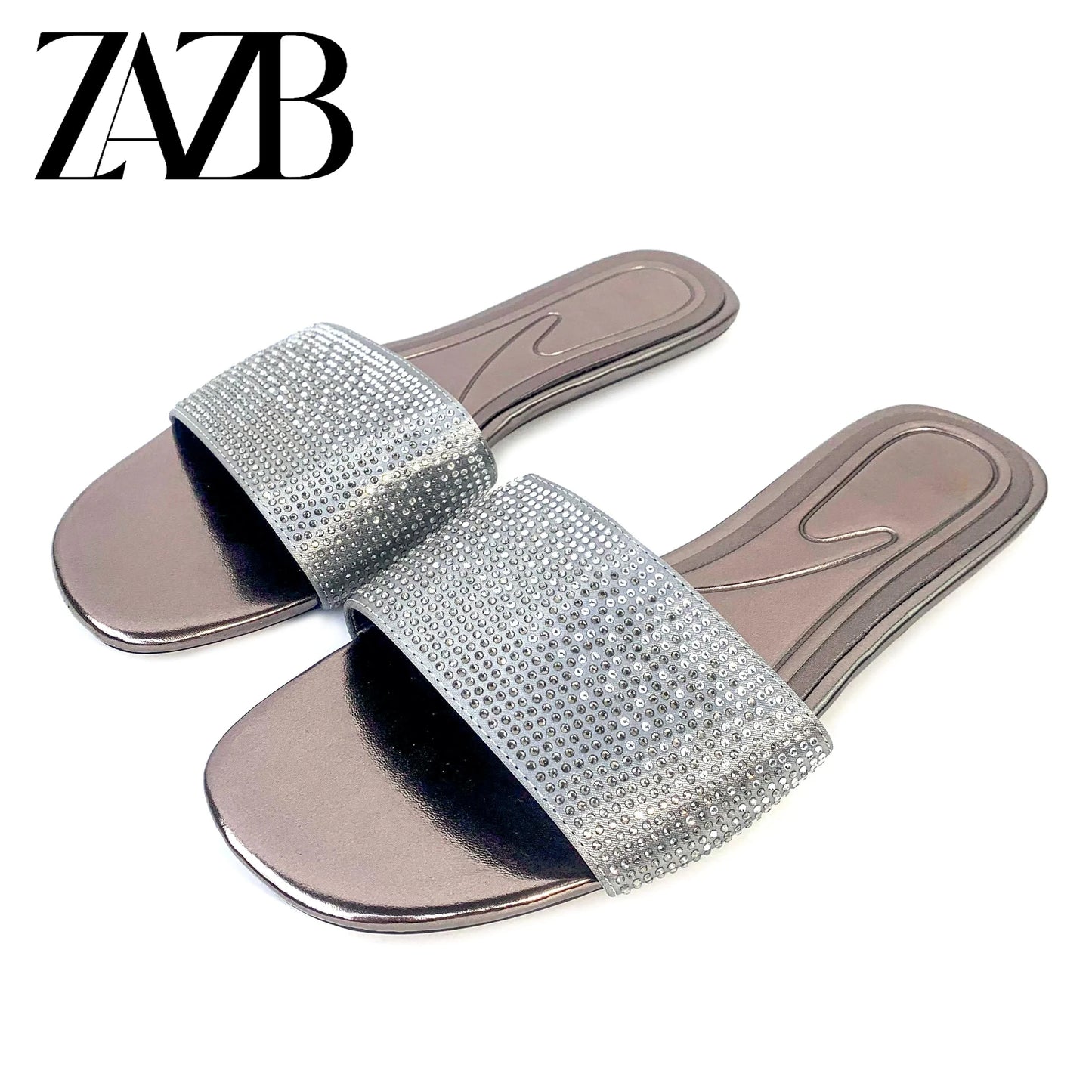 Brand new design summer shining diamond women flat slippers open toe square head hollow ladies sandals