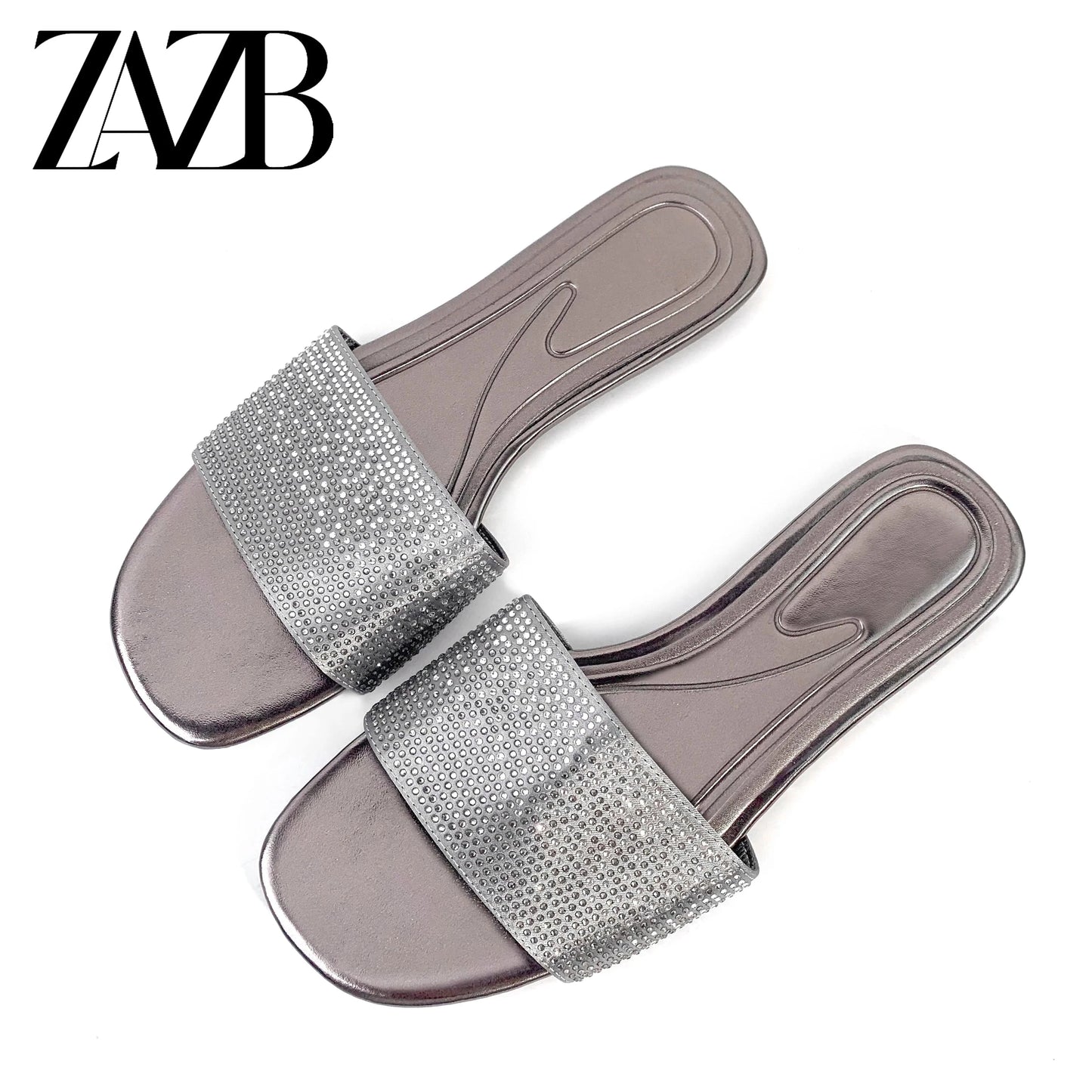 Brand new design summer shining diamond women flat slippers open toe square head hollow ladies sandals