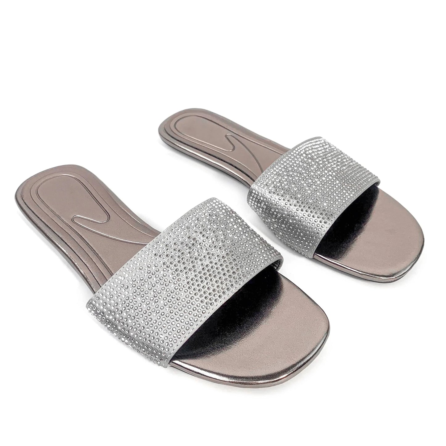 Brand new design summer shining diamond women flat slippers open toe square head hollow ladies sandals