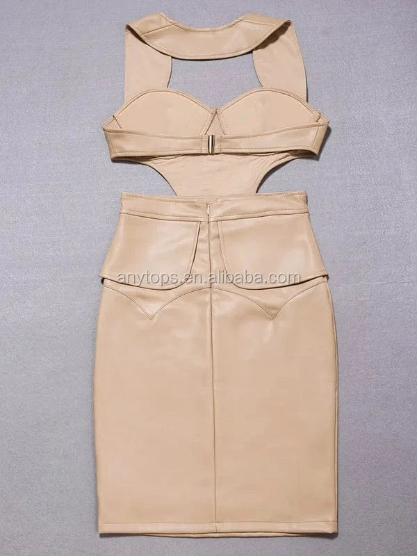 Brand New Fashion Beige Bodycon Tight PU Leather night dress for women nude gown dresses women party evening