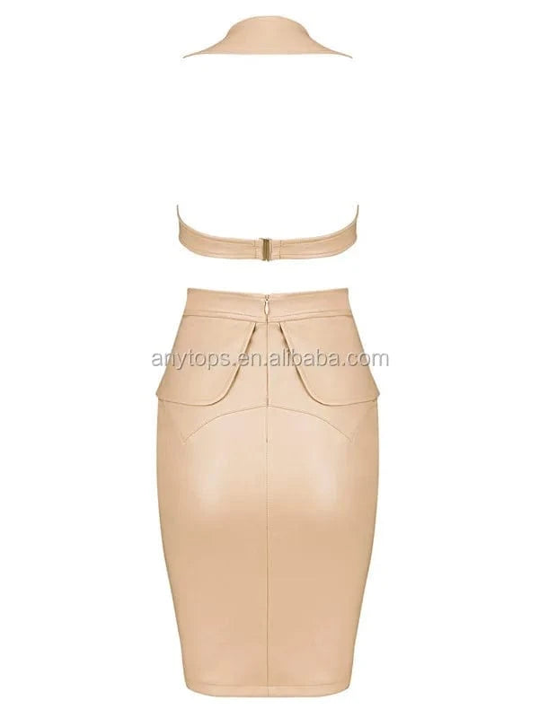 Brand New Fashion Beige Bodycon Tight PU Leather night dress for women nude gown dresses women party evening