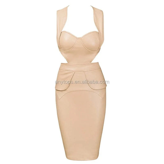 Brand New Fashion Beige Bodycon Tight PU Leather night dress for women nude gown dresses women party evening