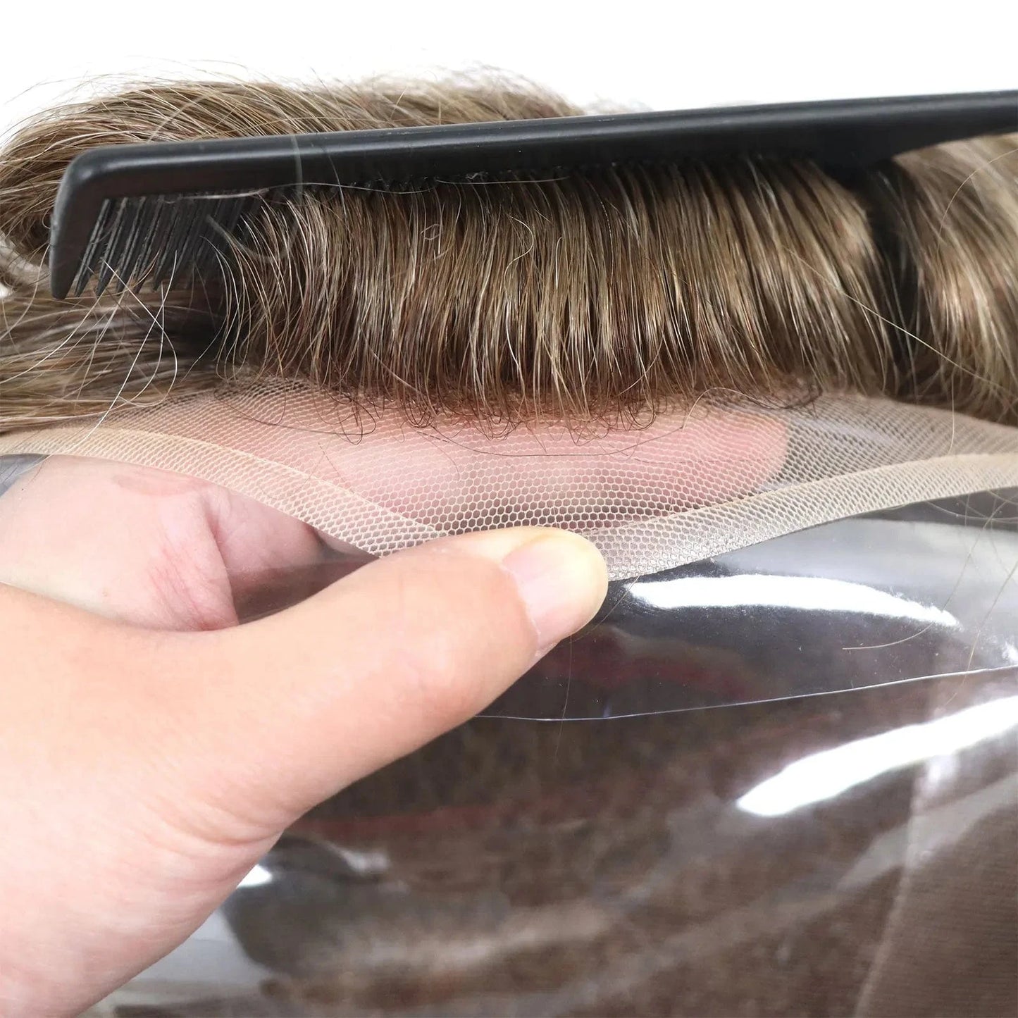 Breathable Oct Cap Front Top Lace Half Around Pu Toupee Ombre Biondo For Men Undetectable Natural Male Hair Patch