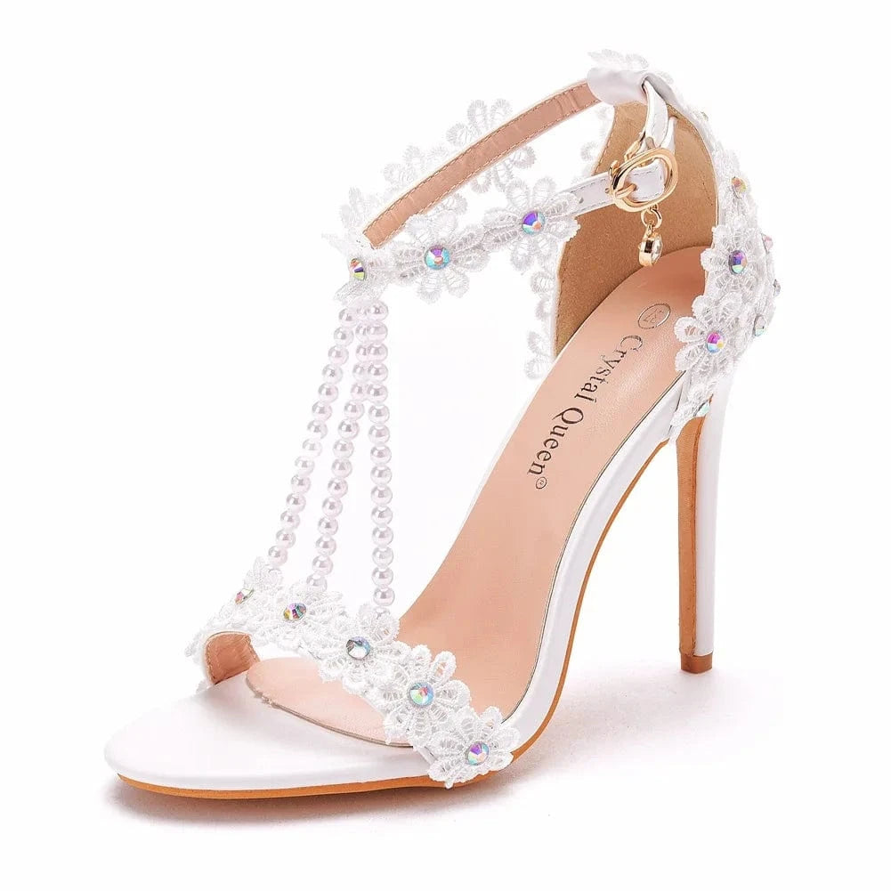 Bridal Sandals Female Sexy Outdoor Sandals Peep-toe Women Rome Sandal Beaded Decoration High Heel Stilettos for Ladies
