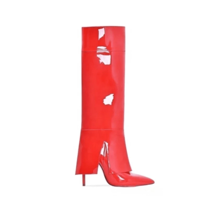 Bright Patent Stiletto Style High Slim Heels Shoes Women Pointed Toe 2 Wear ways Booty Removable Upper Knee High Boots