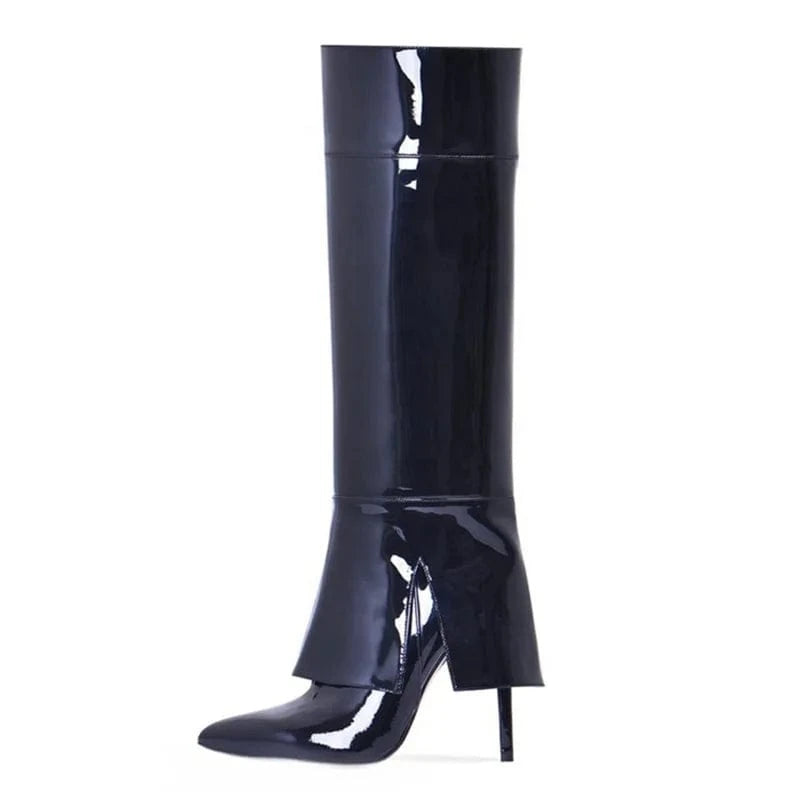 Bright Patent Stiletto Style High Slim Heels Shoes Women Pointed Toe 2 Wear ways Booty Removable Upper Knee High Boots
