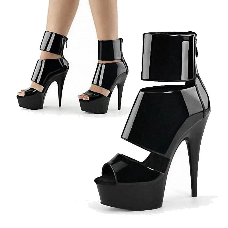 British thin heel thick sole 15 cm Black 6 inch thin heel banquet high heel short boots fish mouth sandals