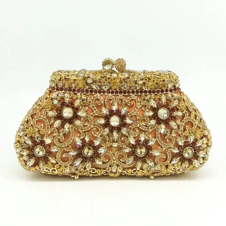 Bronze 7 / Mini Size / CHINA Boutique De FGG (in stock) Flower Crown Clutch Silver Crystal Evening Handbag Women Party Prom Bag Bridal Clutches Wedding Purse