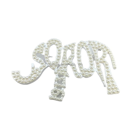 Brooch / 01 / Silver Plated Greek Letter SOROR Elephant Full White Pearls 925 Silver Brooch Lapel Pin Women Fashion Jewelry Gift