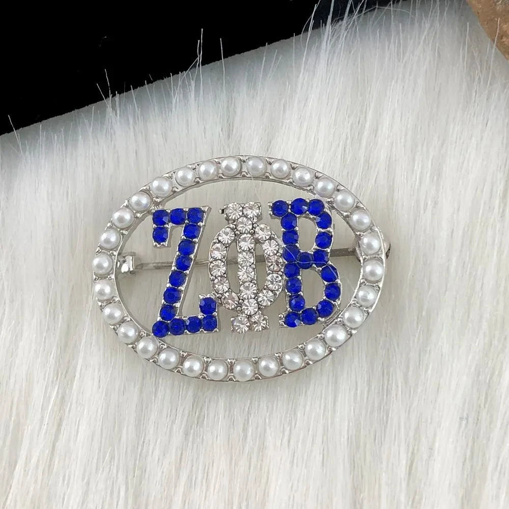 Brooch / silver / Silver Plated Woman Sorority ZPB Greek Sorority Zeta Phi Beta Oval Rhinestone Pearl Jewelry Gift Brooch