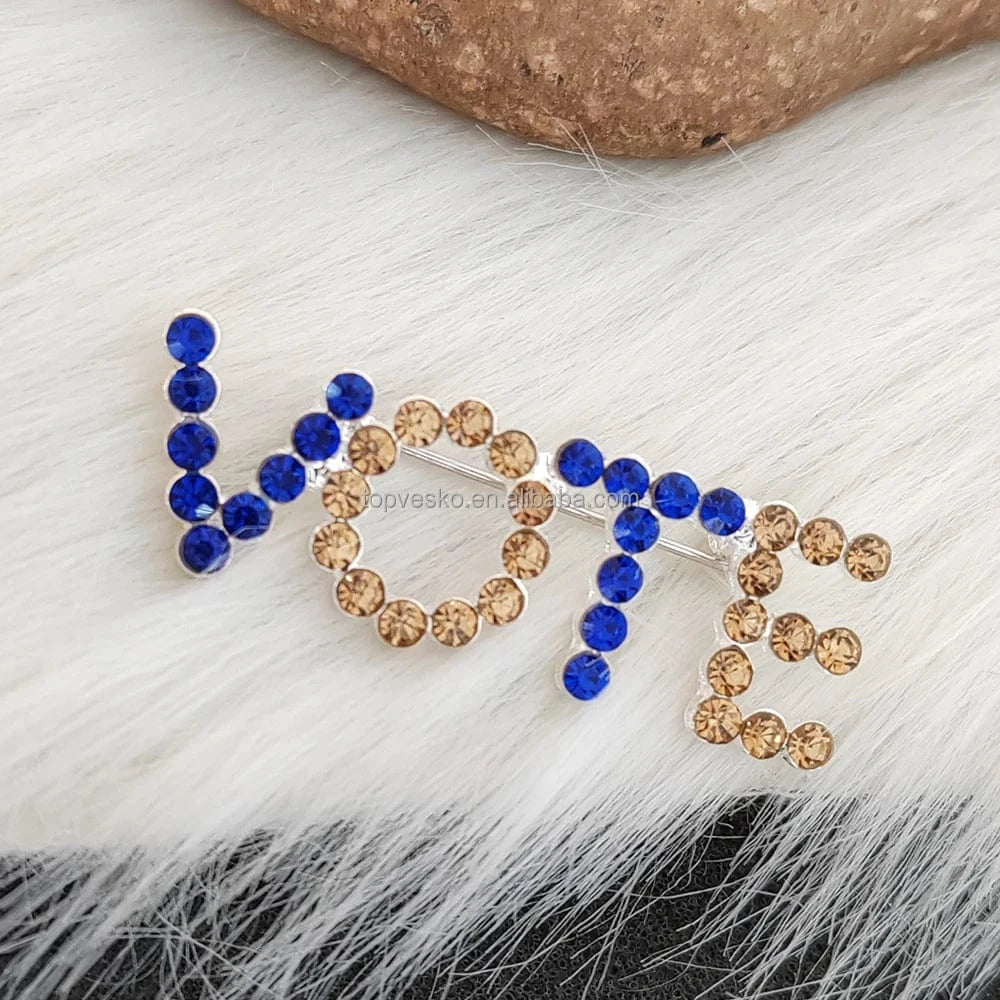 brooch / Yellow Blue / as picture show Topvesko Europe and America VOTE Brooch Women Rhinestone Pearl Lapel Pin Greek Sorority Jewelry