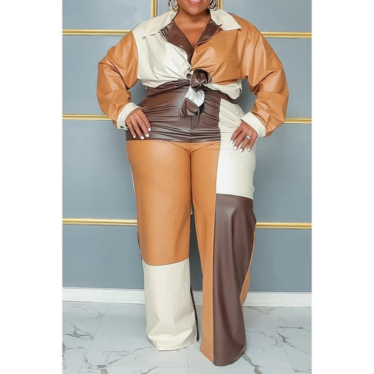 Brown / 2XL Plus Size Women's Pant Suit Brown Tunic Patchwork PU Leather Fashion Commuting Two Piece Pant Suit
