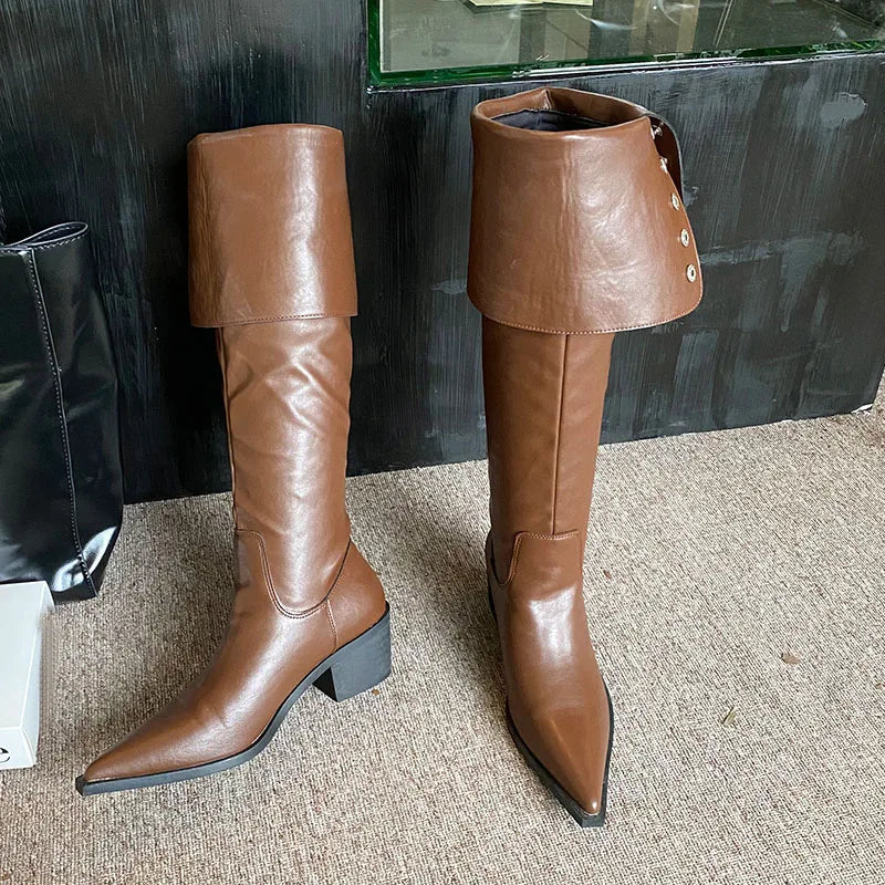 brown / 35 Modern Ladies Knee High Boots With Heels Shoes Female Slip On Footwear Fashion Pointed Toe Women Long Boots Pumps Shoes lady