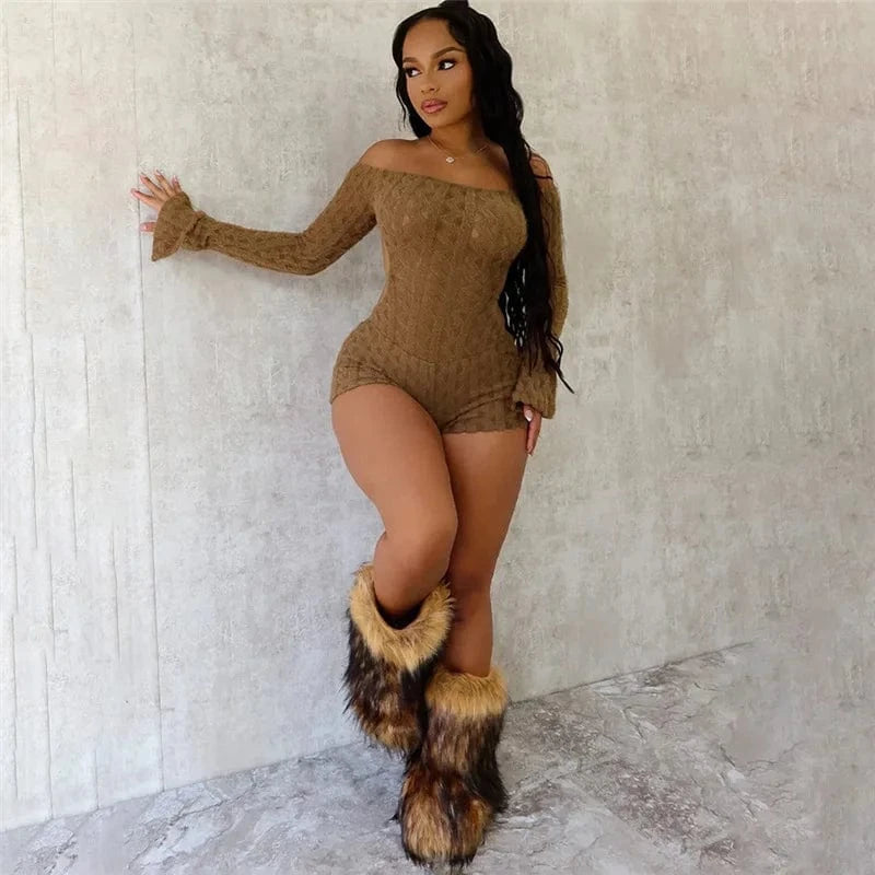 Brown / L 2025 Spring Women's Clothes Above Knee Sexy Knit Rib Romper One Piece Off Shoulder Long Sleeve Skinny Short Jumpsuits Playsuits