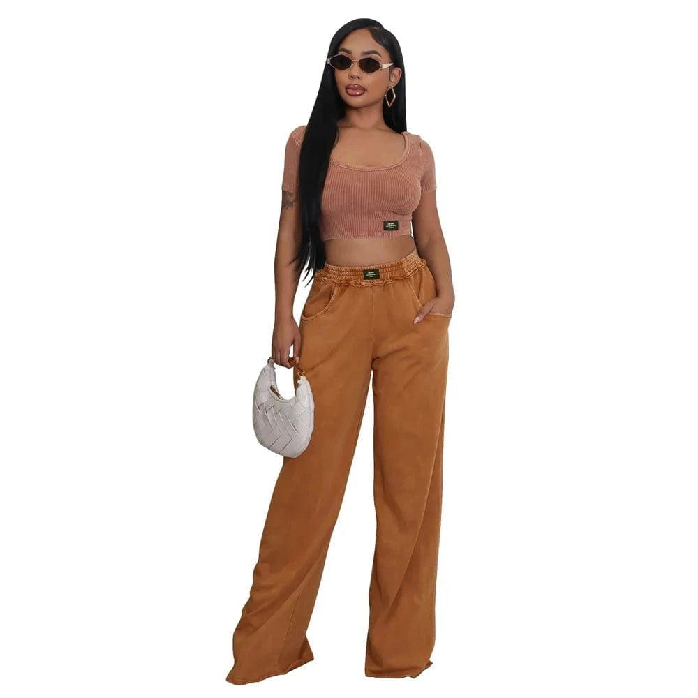 Brown / L Fashion Women Clothing Distressed Tracksuits Casual Sexy U Neck Crop Top and Wide Leg Pants Suits Ladies Elegant 2 Two Piece Set