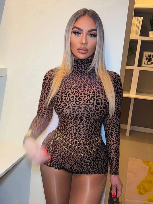 Brown / L Weird Puss Leopard Print Romper Women See Through Sexy Full Sleeve Turtleneck Fall Fit Skinny Playsuit Stretch Midnight Clubwear