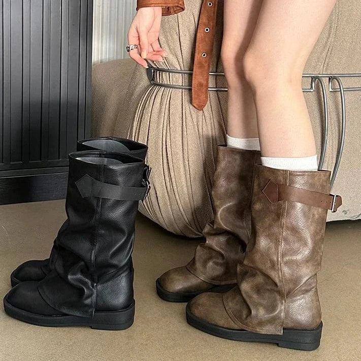 Brown pile boots flat heel thick bottom elastic soft leather boots belt buckle decorative waste soil style all-match short boots