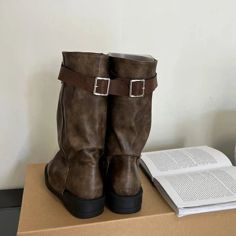 Brown pile boots flat heel thick bottom elastic soft leather boots belt buckle decorative waste soil style all-match short boots