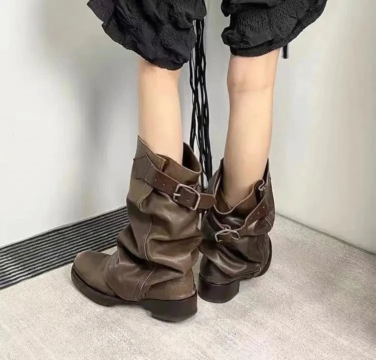 Brown pile boots flat heel thick bottom elastic soft leather boots belt buckle decorative waste soil style all-match short boots