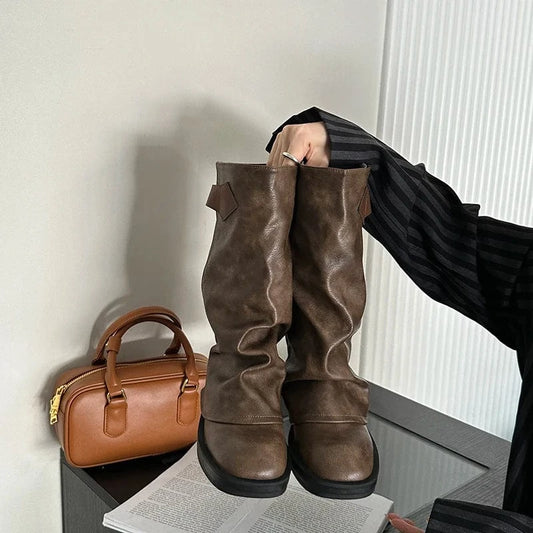 Brown pile boots flat heel thick bottom elastic soft leather boots belt buckle decorative waste soil style all-match short boots