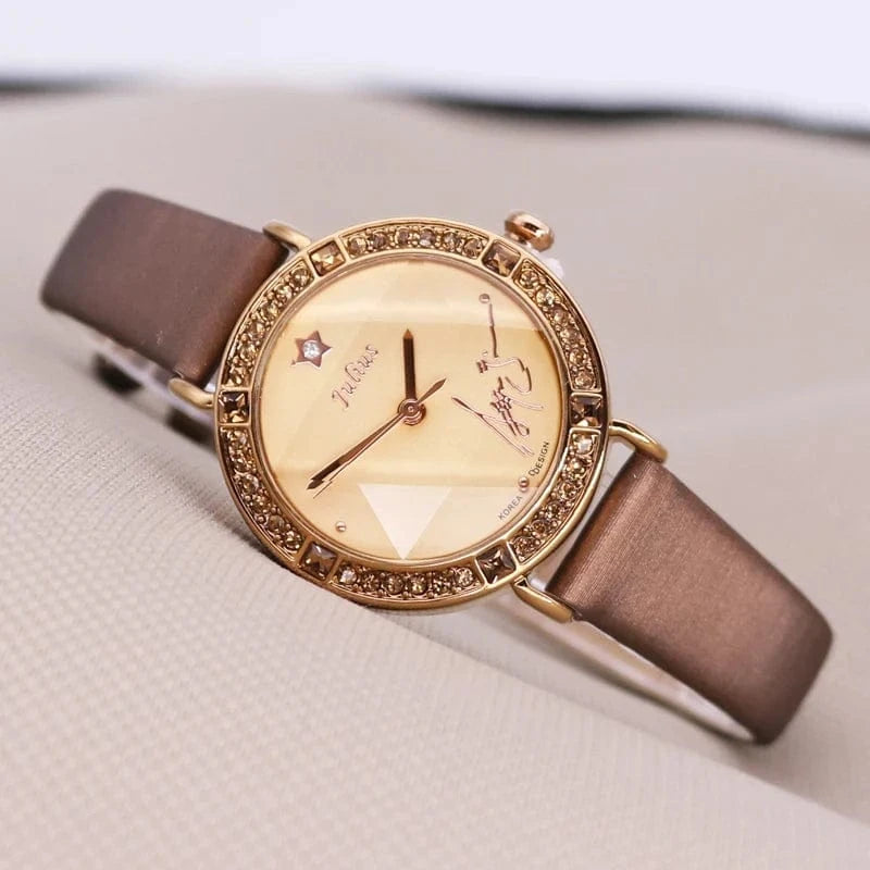 Brown Rhinestones Julius Lady Women's Watch Fashion Hours Bracelet Real Leather Girl's Birthday Gift No Box