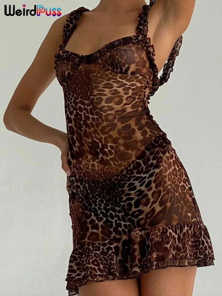 Brown / S Weird Puss Leopard Print Dress Women See Through Lace V-Neck Sexy Sleeveless Skinny Summer Fashion Chic Ruffle Hem Mini Bodycon
