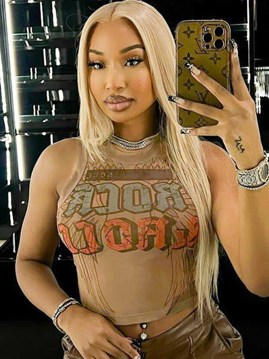 Brown / S Weird Puss Seyx Hottie Crop Tees Women Summer Fashion Letter Print O-Neck Skinny Elastic Night Club Party Streetwear Tank Tops