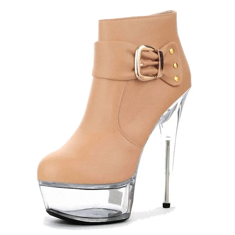 Brown transparent crystal bottom thin heel short boots metal buckle decoration 15 cm women's high heel short boots fashion boots