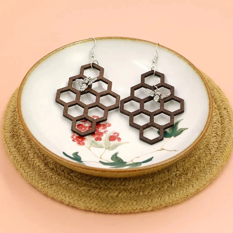 Brown Wood Geometric Bee Hive Chunky Earrings Fashion Wooden Hawaiian Fine Jewelry Wholesale Jewelry for Women