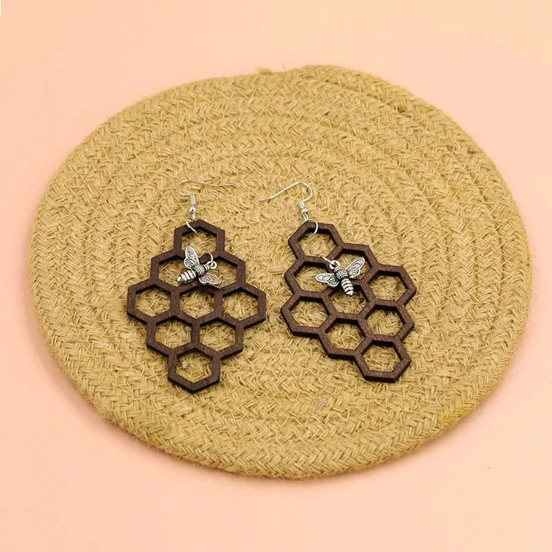 Brown Wood Geometric Bee Hive Chunky Earrings Fashion Wooden Hawaiian Fine Jewelry Wholesale Jewelry for Women
