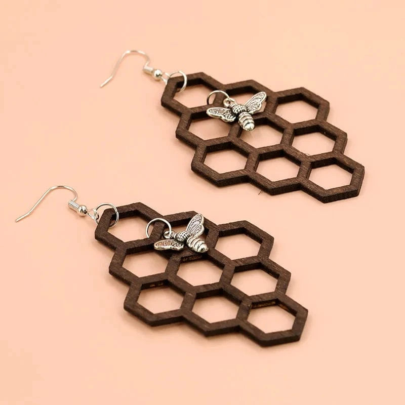 Brown Wood Geometric Bee Hive Chunky Earrings Fashion Wooden Hawaiian Fine Jewelry Wholesale Jewelry for Women