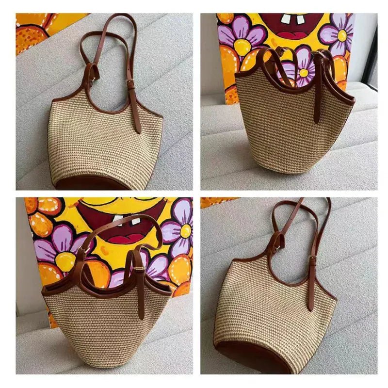 Brown Woven Fashion Women Bucket Bag New Large Capacity Beach Bag Commuting Underarm Bag Simple Elegant Texture Shoulder Bag - SN Wigs & More