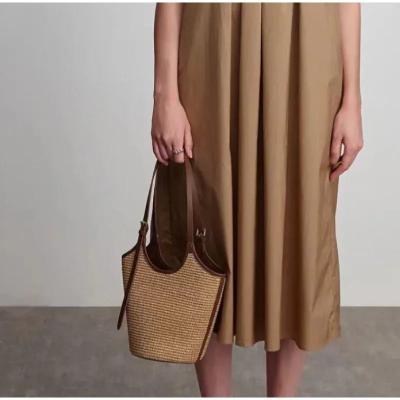 Brown Woven Fashion Women Bucket Bag New Large Capacity Beach Bag Commuting Underarm Bag Simple Elegant Texture Shoulder Bag - SN Wigs & More