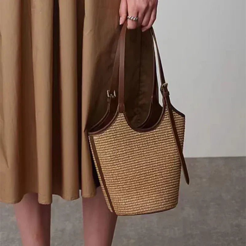 Brown Woven Fashion Women Bucket Bag New Large Capacity Beach Bag Commuting Underarm Bag Simple Elegant Texture Shoulder Bag - SN Wigs & More