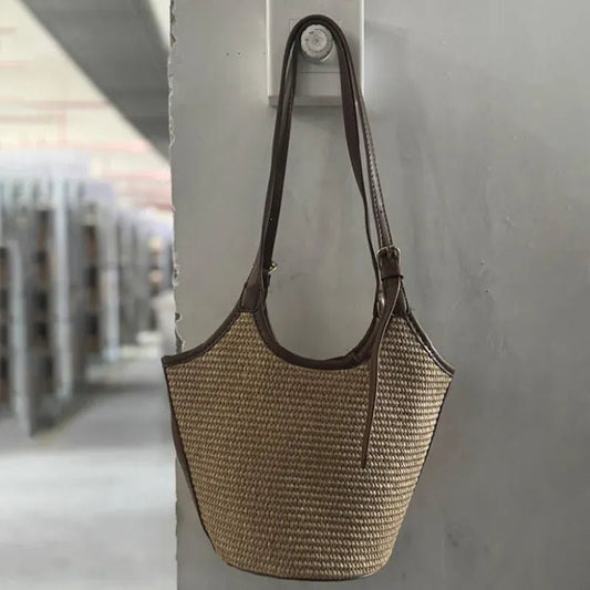 Brown Woven Fashion Women Bucket Bag New Large Capacity Beach Bag Commuting Underarm Bag Simple Elegant Texture Shoulder Bag - SN Wigs & More