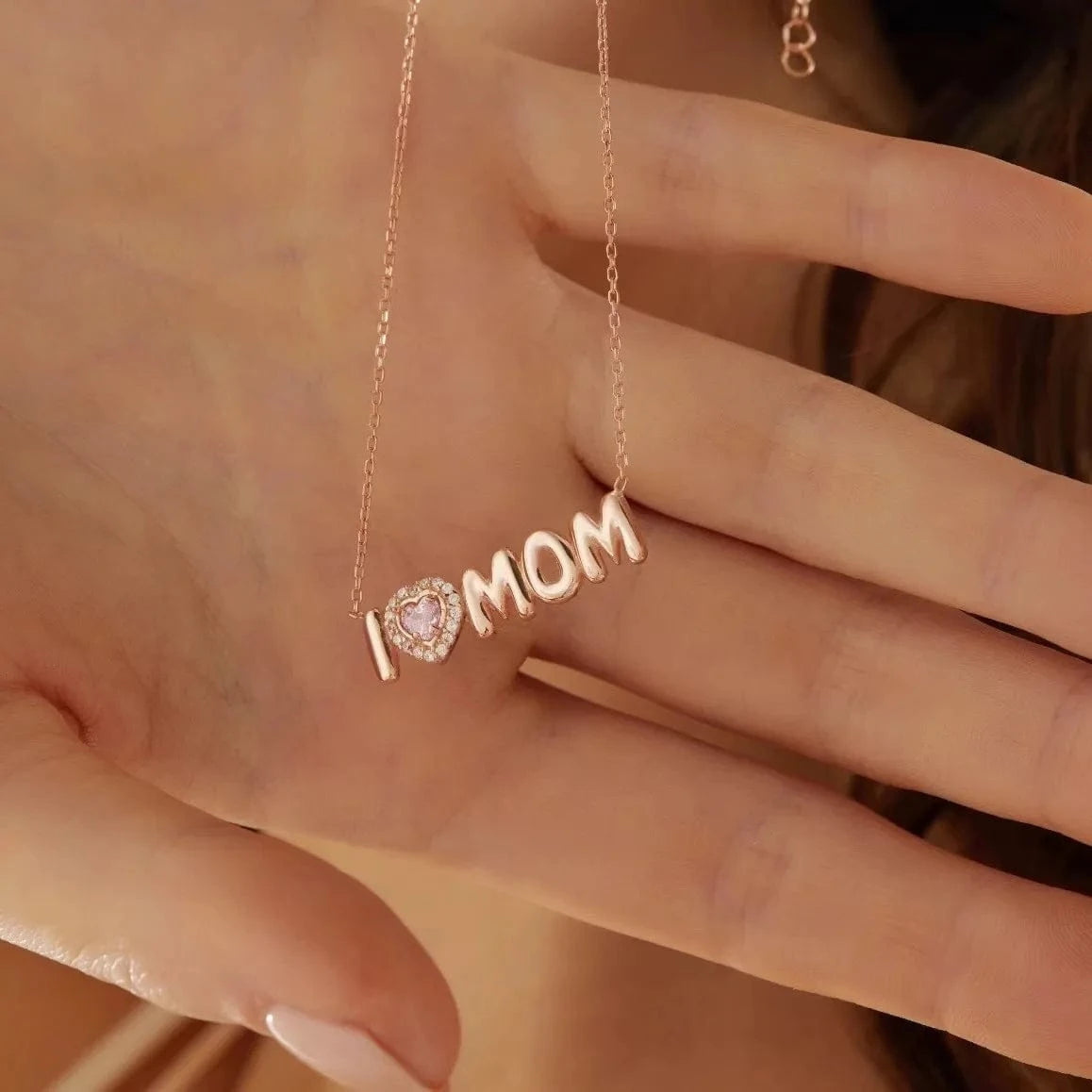 Bubble Style / 16inches / Rose Gold QIUHAN Balloon Letter Necklace for Mother's Day Gift With Heart Shinny Birthstone Bubble MOM Necklace