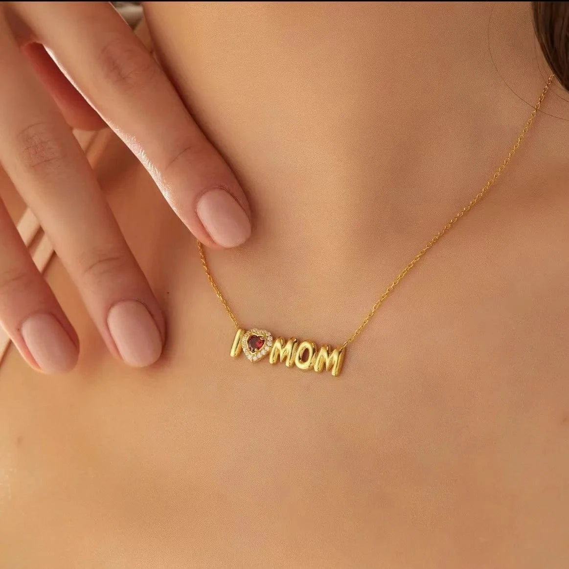 Bubble Style / 20inches / Gold QIUHAN Balloon Letter Necklace for Mother's Day Gift With Heart Shinny Birthstone Bubble MOM Necklace