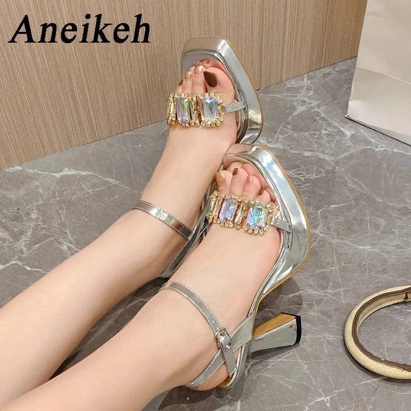 Buckle Strap Summer Fashion Spike Heels  Party Head Square Toe PVC Crystal Bling Women Fashion High Heel Stiletto Sandals Shoes