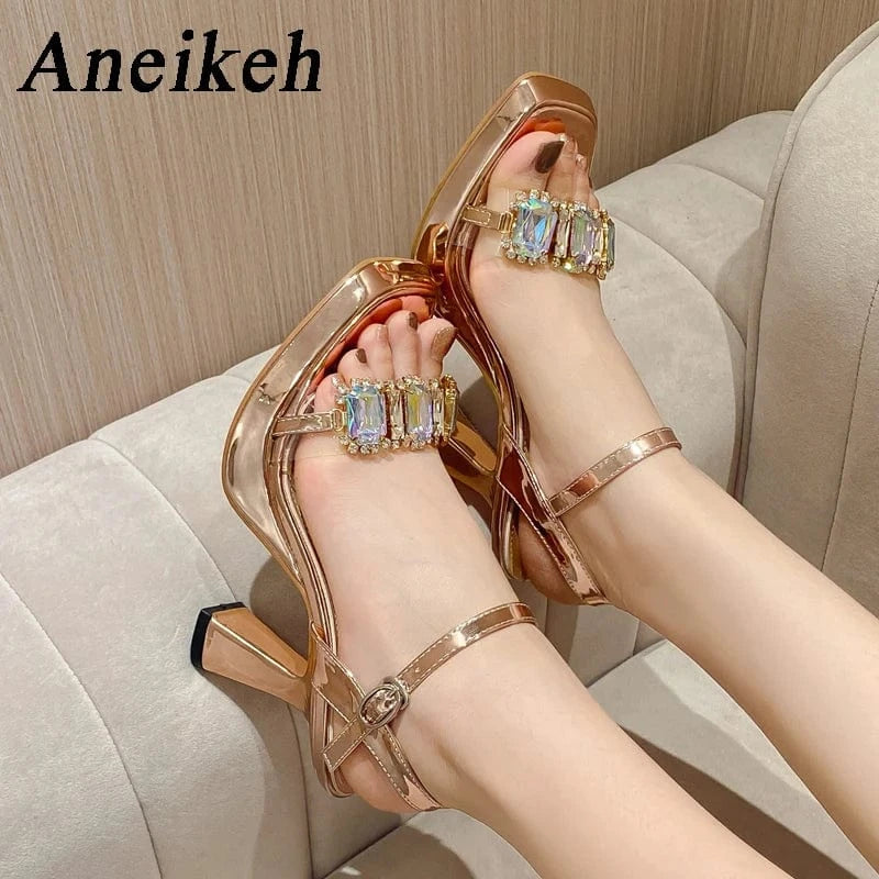 Buckle Strap Summer Fashion Spike Heels  Party Head Square Toe PVC Crystal Bling Women Fashion High Heel Stiletto Sandals Shoes